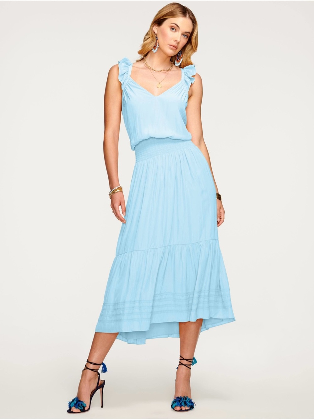 Ramy Brook Chloe Sky Blue Ruffle Strap Smocked Waist Tiered Midi Dress